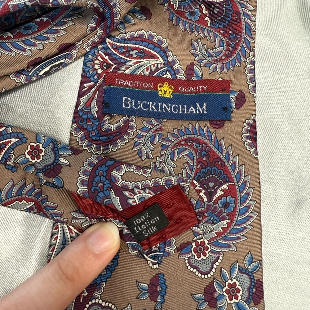 Buckingham Paisley Patterned Tie in Brown, Blue, Red, & Grey 100% Italian Silk - Picture 2 of 3